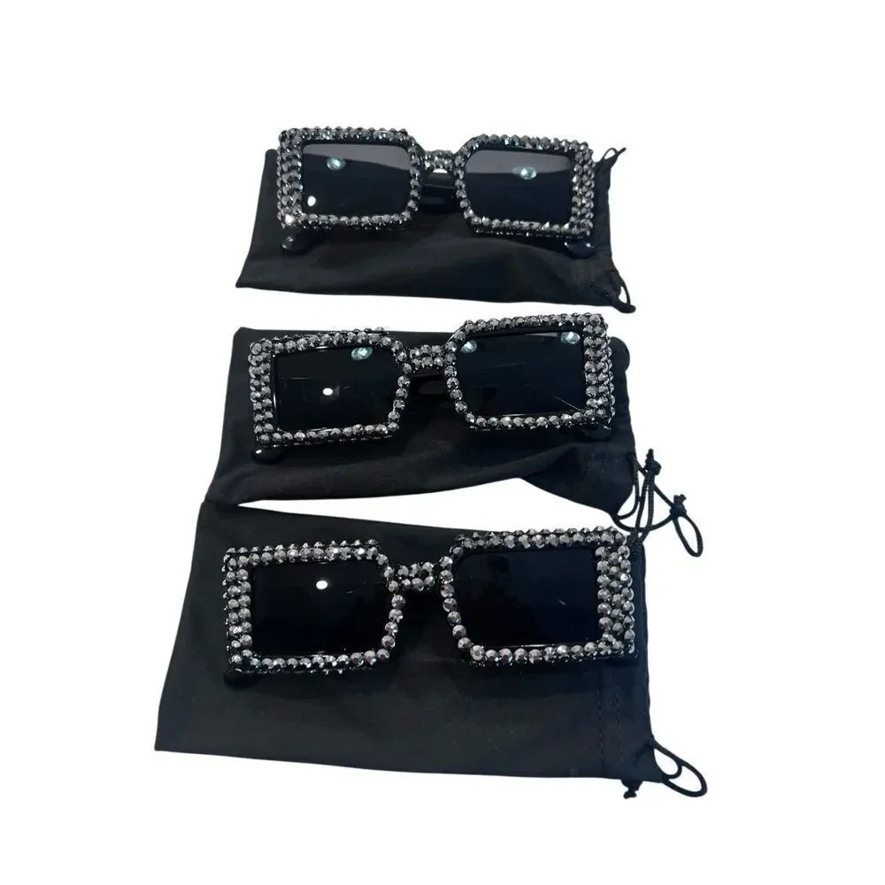 Lot Of 3 Rhinestone Embellished Rectangular Sunglasses Set Black Silver OS NWT
